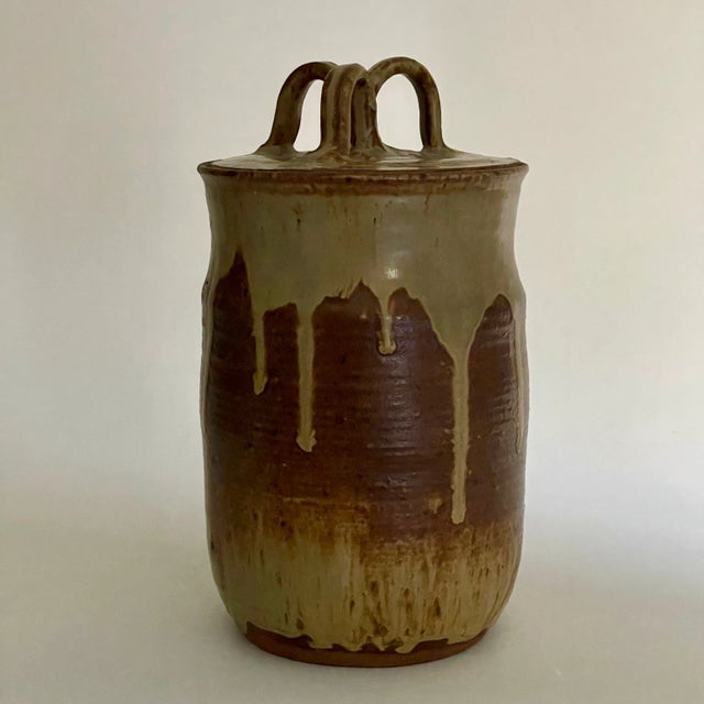 Sculpted Face on Vintage Signed Studio Pottery Ceramic Canister Jar With Lid For Sale - Image 4 of 11