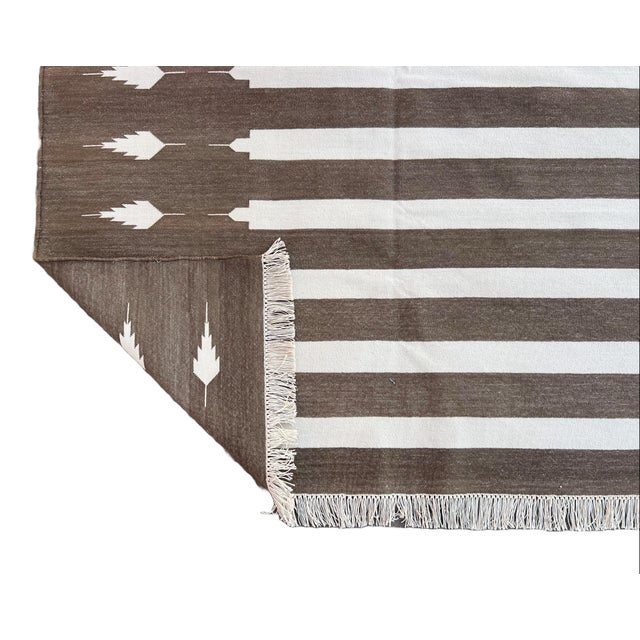 Casa Cosima Handwoven Cotton Area Rug, Natural Vegetable Dyed, Brown and White Striped Dhurrie - 5'x7' For Sale - Image 4 of 10