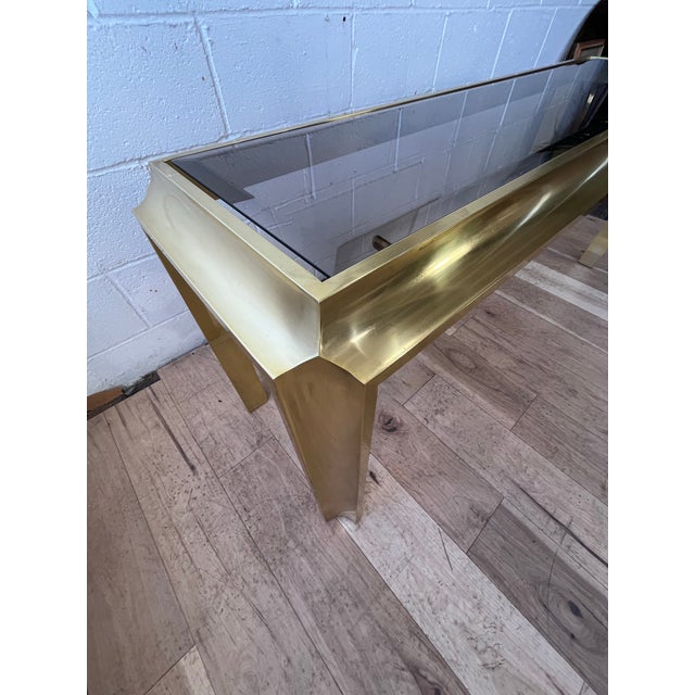 Metal 1970s Sculptural Brass-Tone Aluminum and Smoked Glass Console Table For Sale - Image 7 of 9