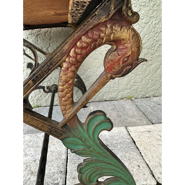 Vintage Mid 20th Century Cast Iron Bench With Leopard Print Upholstered Seat For Sale - Image 11 of 12