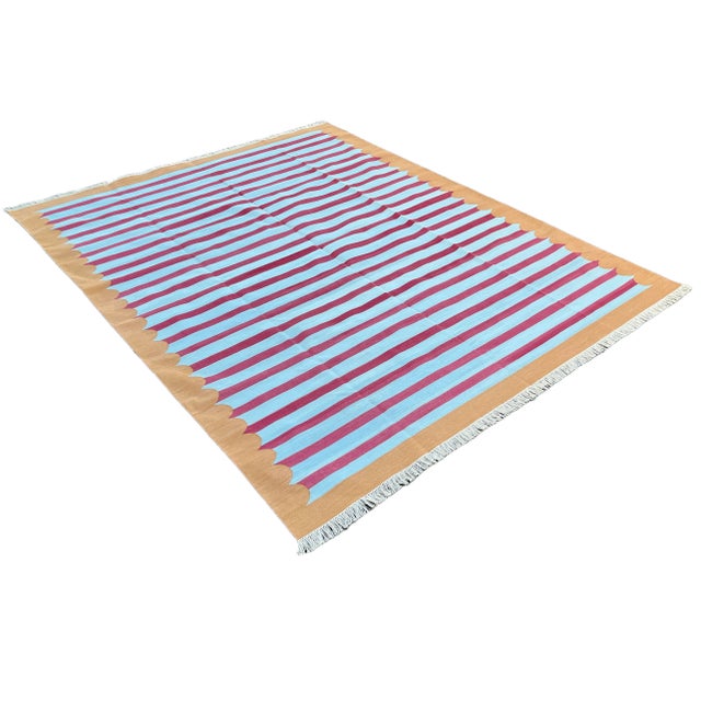 Handmade Cotton Area Rug Vegetable Dyed Sky Blue, Pink and Tan Striped Rug-10'x14' For Sale - Image 11 of 11