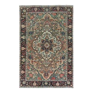 1960s Brown, Hand Knotted Vintage Persian Bakhtiar With Flower Medallion Design, Distressed Wool, Rug For Sale