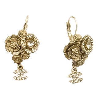 Chanel Gold Multi Flower Crystal CC Dangle Lever Back Earrings, A Pair For Sale
