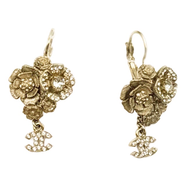 Chanel Gold Multi Flower Crystal CC Dangle Lever Back Earrings, A Pair For Sale