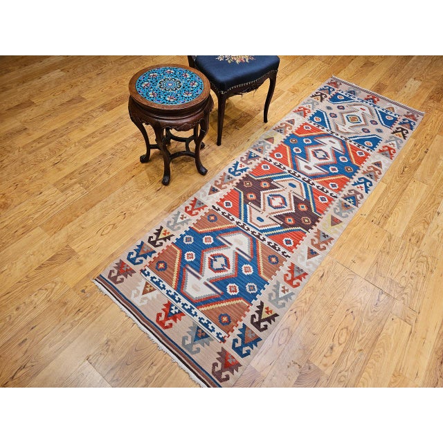 Textile Vintage Turkish Tribal Kilim Runner, Handwoven Wool, Geometric Caucasian Pattern, Blue & Red, 3x8 For Sale - Image 7 of 17