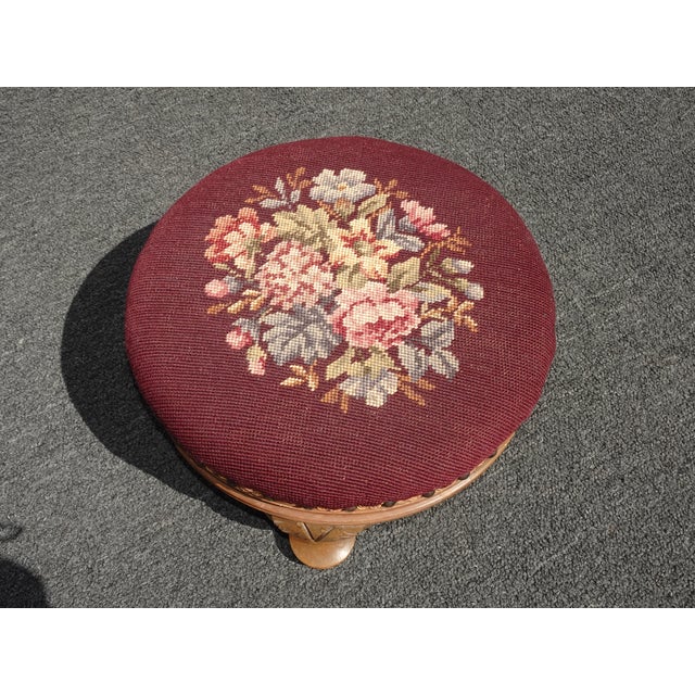 Wood Footstool ~ Vintage French Country Burgundy Floral Round Needlepoint Footstool#2 For Sale - Image 7 of 14