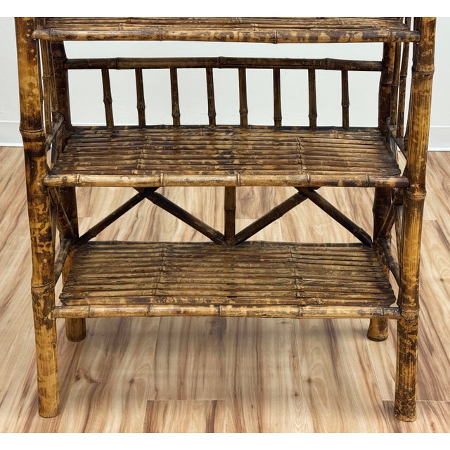 Brown Vintage Four Tier Scorched Bamboo Etagere Shelf For Sale - Image 8 of 8