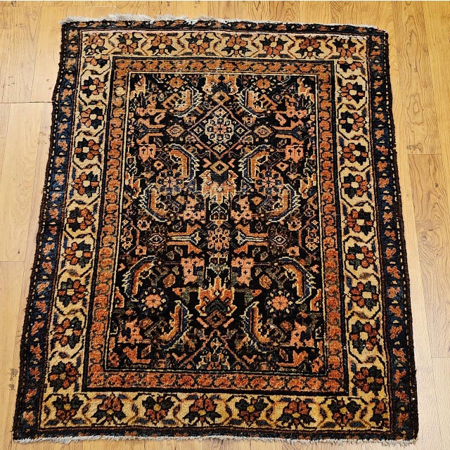 Textile Vintage Malayer Area Rug, Hand-Knotted Wool, Geometric Pattern, 4x4, Navy & Ivory For Sale - Image 7 of 14