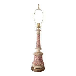 Vintage Mid-Century Tall Ceramic Pink Floral Toile Pattern Lamp W/ Gold Accents For Sale