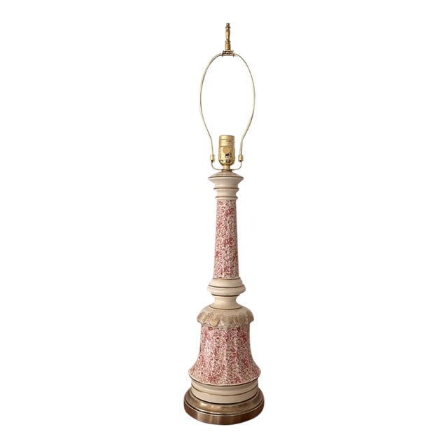 Vintage Mid-Century Tall Ceramic Pink Floral Toile Pattern Lamp W/ Gold Accents For Sale