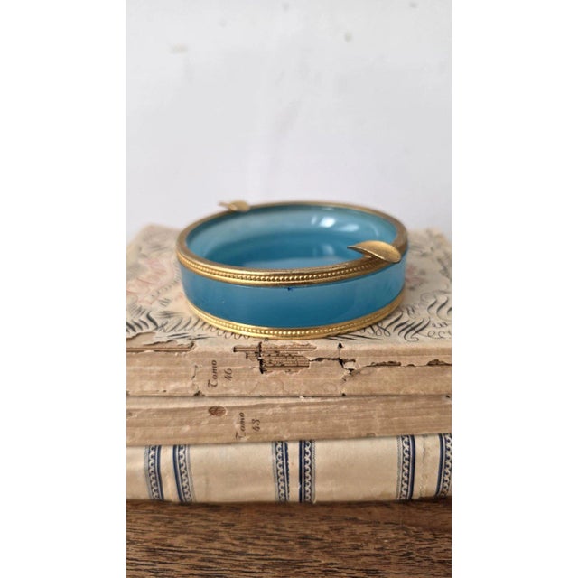 Vintage Murano Opaline Glass Ashtray Turquoise Blue Brass Rim Italian Mid Century Decorative Catchall Trinket Dish For Sale - Image 11 of 13