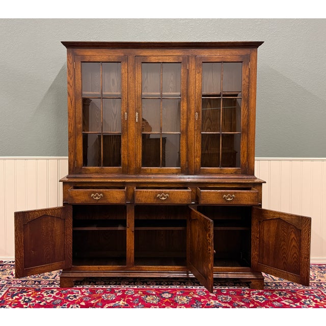 Brown Antique English Large Bookcase Cupboard Cabinet Triple Door Glass Oak C. 1930s For Sale - Image 8 of 18