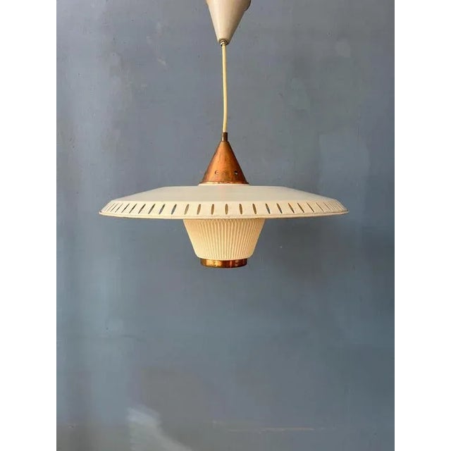 Metal Vintage Enamel Opaline Glass Pendant Lamp from Louis Kalff For Sale - Image 7 of 11