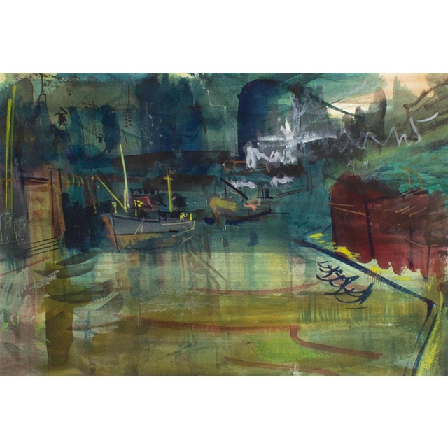 An abstract watercolor painting. This work depicts a harbor with boats moored and various structures in the distance....