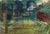 An abstract watercolor painting. This work depicts a harbor with boats moored and various structures in the distance....