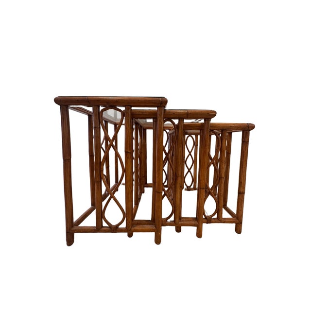 1970s Vintage Burnt Bamboo Rattan Nesting Tables With Glass Tops, Set of 3, C. 1970s For Sale - Image 5 of 17