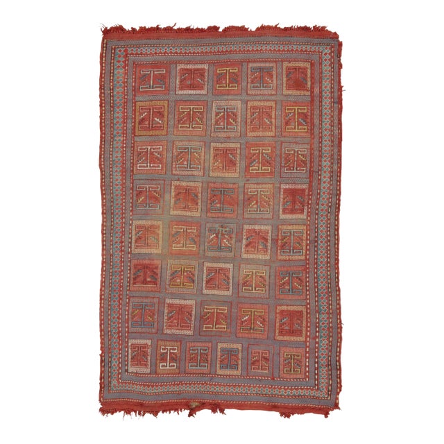 Antique Verneh Caucasus Rug in Red With Stylized Geometric Grids - Rug & Kilim For Sale