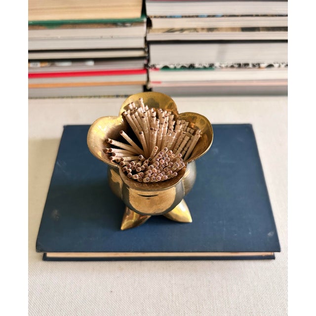Vintage Solid Brass Flower Match Holder and Toothpick Cup For Sale - Image 9 of 12