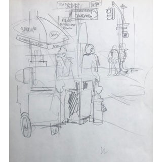 1980s John Reilly Street Vendors Cityscape Drawing For Sale