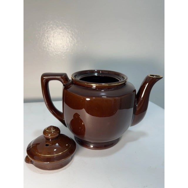 Burgundy Vintage 1960s Brown Ceramic Teapot Gold Floral Design Lidded Mid Century Tea Pot For Sale - Image 8 of 15