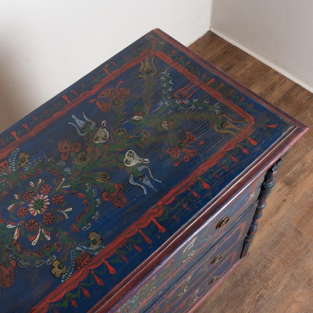 Late 19th Century Late 19th Century Original Hand Painted Blue Blanket Chest of Three Drawers From Hungary For Sale - Image 5 of 18