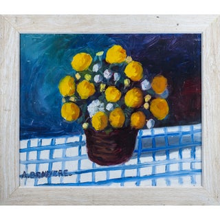 1950s Framed Oil Painting of Yellow and White Ranunculus For Sale