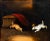 A charming 19th-century British oil painting depicting three energetic dogs in a stable interior. The warm light, deep...