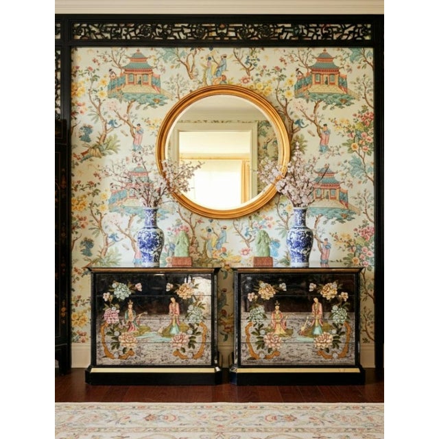 Rare Vintage Oversized Chinoiserie Emperor Verre Eglomise Black Mirrored Brass Painted 4 Drawer Chests Commodes- A Pair For Sale - Image 18 of 18