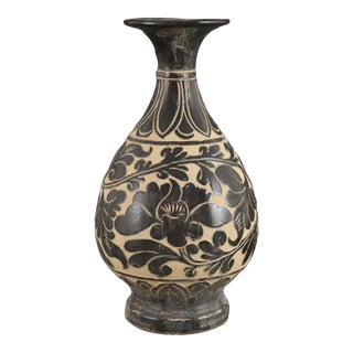 1950s Black Slip Carved Floral Yuhuchun Pear Shaped Ceramic Vase For Sale