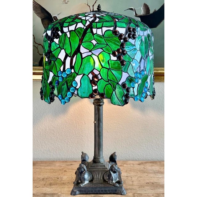 Rare c.1915 Unique Art Glass & Metal Co. Grapevine Leaded Glass Table Lamp with Egyptian Sphinx Bronze Base | Museum...