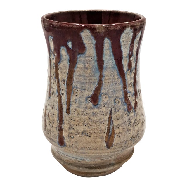 Vintage Hand-Thrown Signed Studio Brown Drip Vase With Iridescent Speckled Glaze For Sale