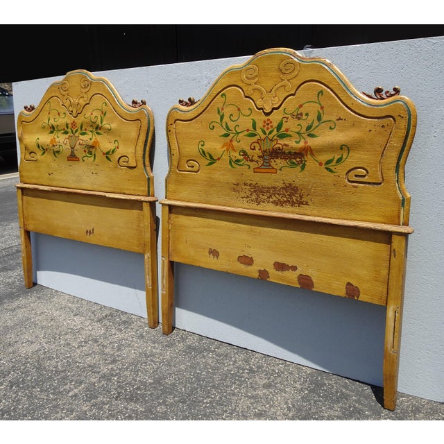 Pair Vintage French Provincial Hand Painted Gold Floral Twin Headboards W Rails For Sale In Los Angeles - Image 6 of 17