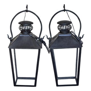 Mid 20th Century English Country House Iron Lanterns with Glass Panels, Unwired - a Pair For Sale