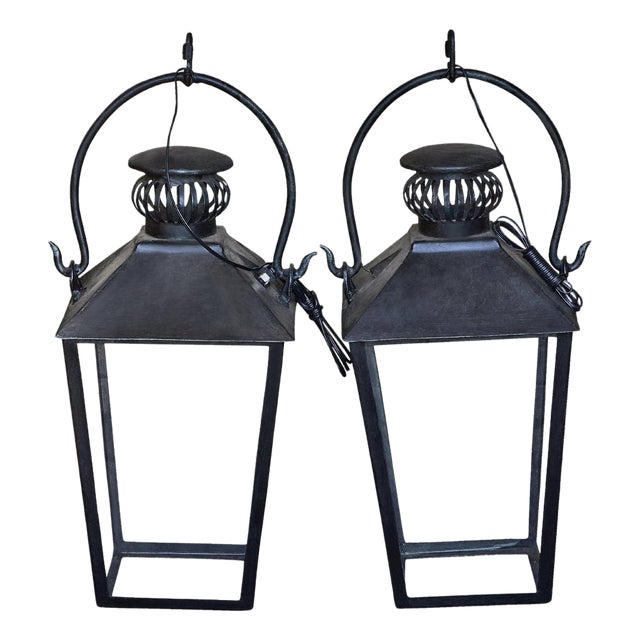 Mid 20th Century English Country House Iron Lanterns with Glass Panels, Unwired - a Pair For Sale