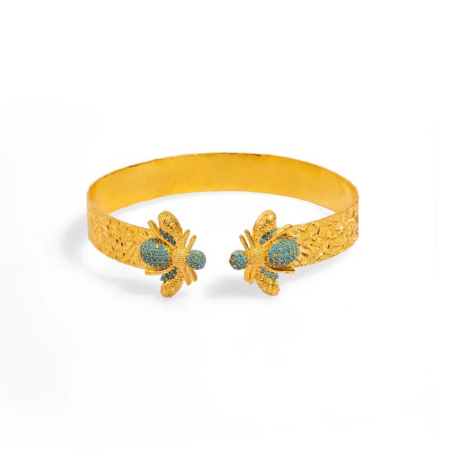 Metal Mystic Design Gold & Turquoise Honey Bee Cuff Bracelet For Sale - Image 7 of 10