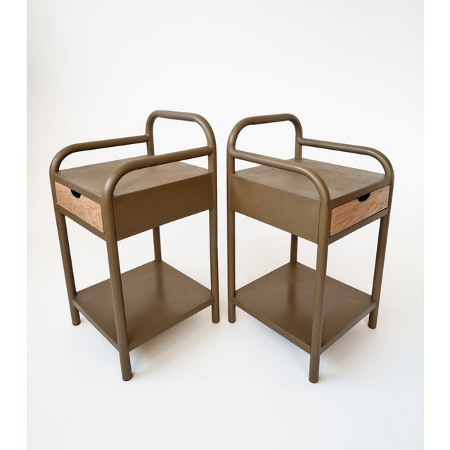 Rare! Antique pair of metal bedside tables from a boarding school, each with a new wooden drawer. The drawer slides...