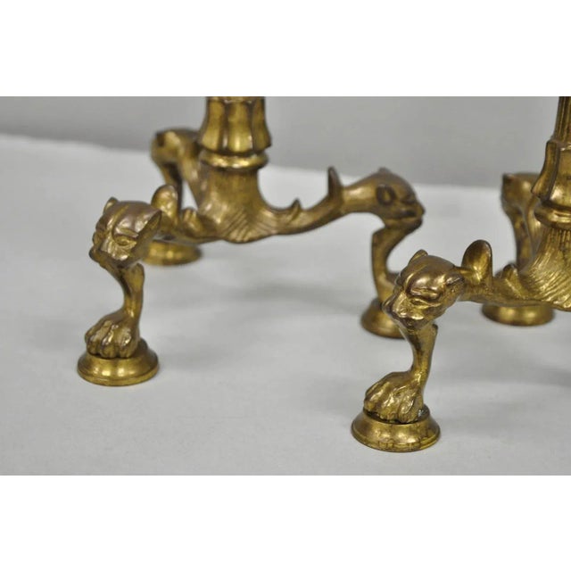 Antique French Renaissance Gothic Figural Brass 16" Candelabra W/ Lions - A Pair For Sale - Image 10 of 12