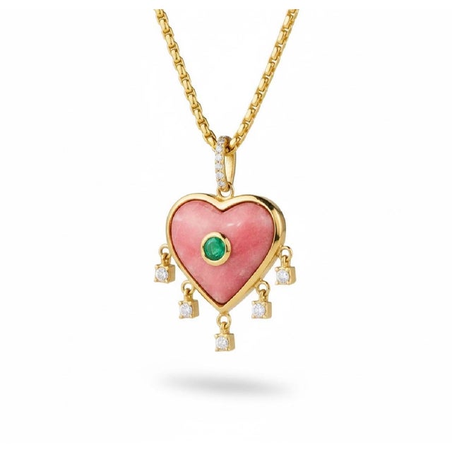 Metal Rhodochrosite Heart Pendant With Emerald, Diamonds & 14k Gold For Sale - Image 7 of 9