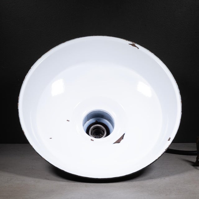 Ceramic Vintage 18" Enameled Porcelain Green Industrial Pendant Lights c.1930-Set of 3 For Sale - Image 7 of 16