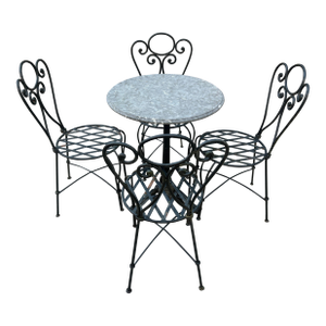 1990s Wrought Iron Decorative Patio Set Stone Top Table and 4 Chairs
