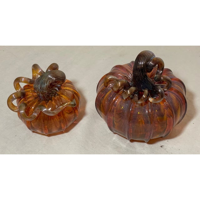 Figurative Share Pair of Vintage Hand Blown Studio Glass Iridescent Orange Pumpkin Sculpture For Sale - Image 3 of 11