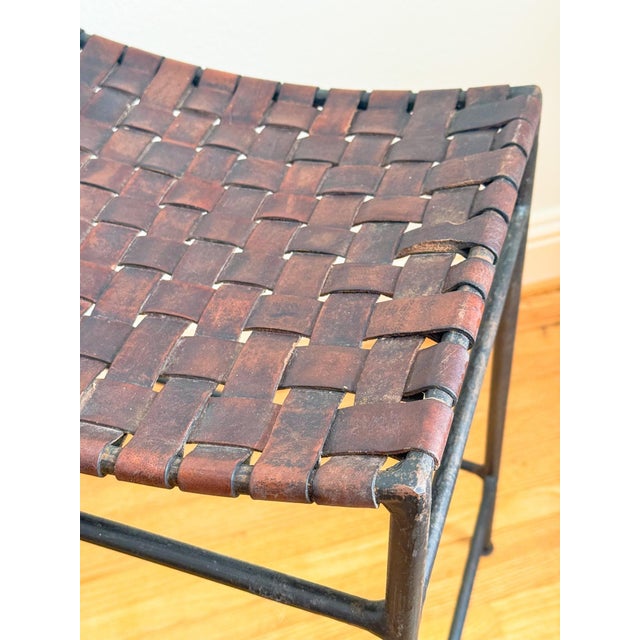 French Mid Century Industrial Style Brown Woven Leather and Iron Counter Stools After Lila Swift and Donald Monell For Sale - Image 10 of 18