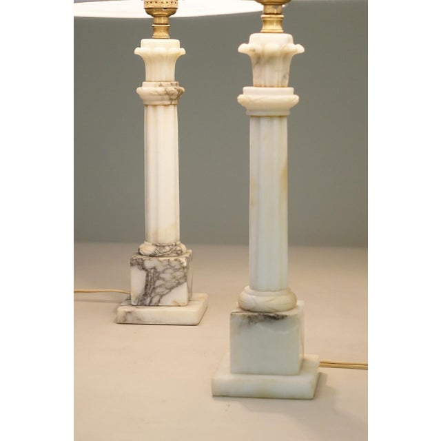 Stone 1950s Neo Classic Hollywood Regency Modern Carrara Marble Corinthian Style Column Table Lamps - a Pair For Sale - Image 7 of 12