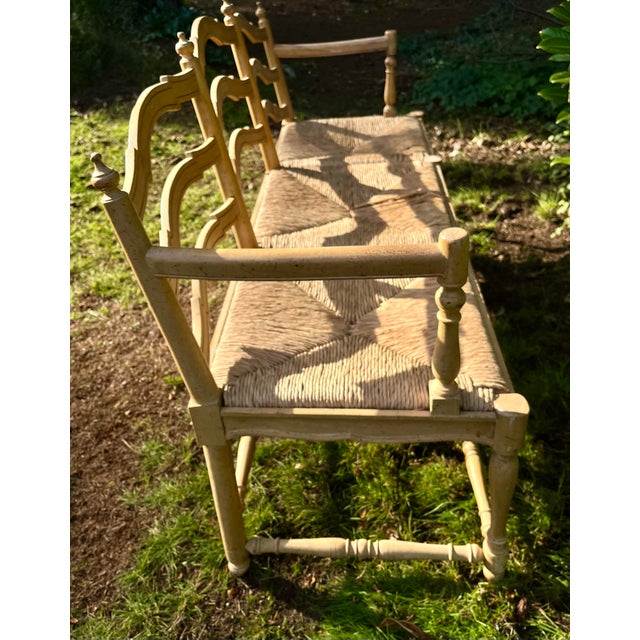 French Country Settee Bench Canned Rush Seats Vintage For Sale - Image 4 of 10
