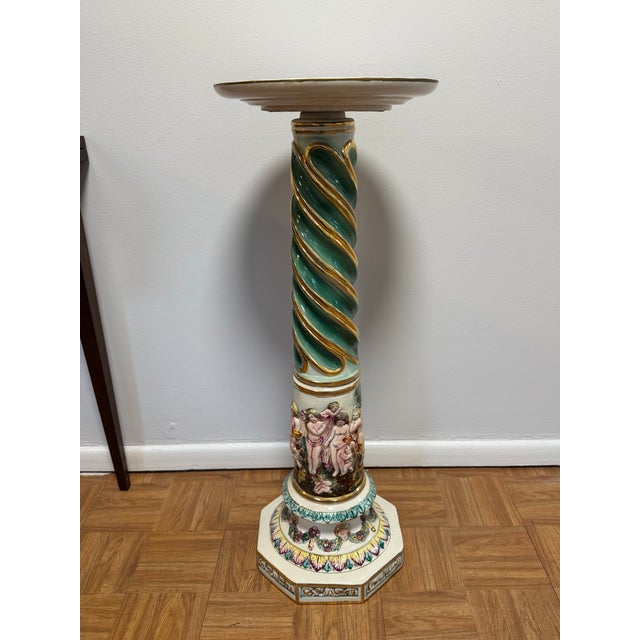 Hollywood Regency Italian Capodimonte Porcelain Pedestal With Figural Relief, 32.75” Tall For Sale - Image 3 of 12