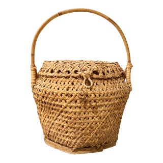 Vintage Post Modern Handwoven Rattan Storage Basket With Domed Lid For Sale