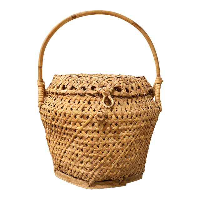 Vintage Post Modern Handwoven Rattan Storage Basket With Domed Lid For Sale
