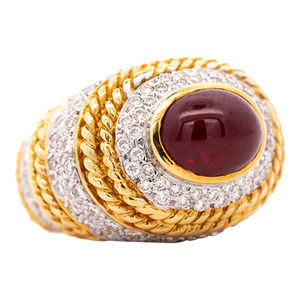 Vintage 5 Carat Cabochon Ruby, Diamond and 18k Gold Retro Bezel Rope Style Ring Size 6.5
