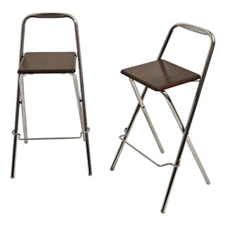 Folding Stools in Chromed Steel and Wooden Seat from Fiam, 1990s, Set of 2 For Sale