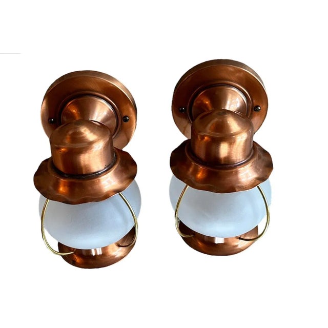 Midcentury Copper, Brass and Frosted Glass Jar Sconces, Circa 1940 For Sale - Image 4 of 6